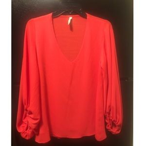 Red V-Neck Textured Blouse
